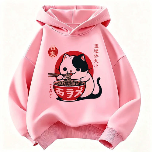 Japanese Style Cat Eat Ramen Hoodie Manga Kids Cat Children's Sweatshirt Cute Hoody for Boys Girls Casual Hoodies Spring